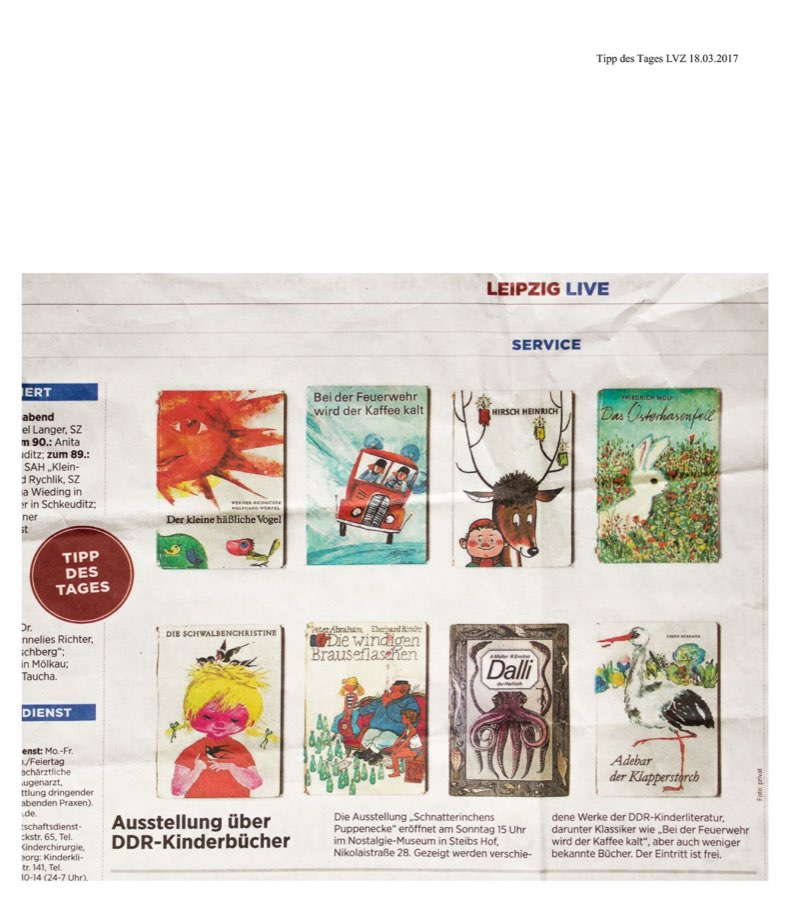 Zeitungsausschnitt „Ausstellung über DDR-Kinderbücher“ mit acht Buchtiteln
